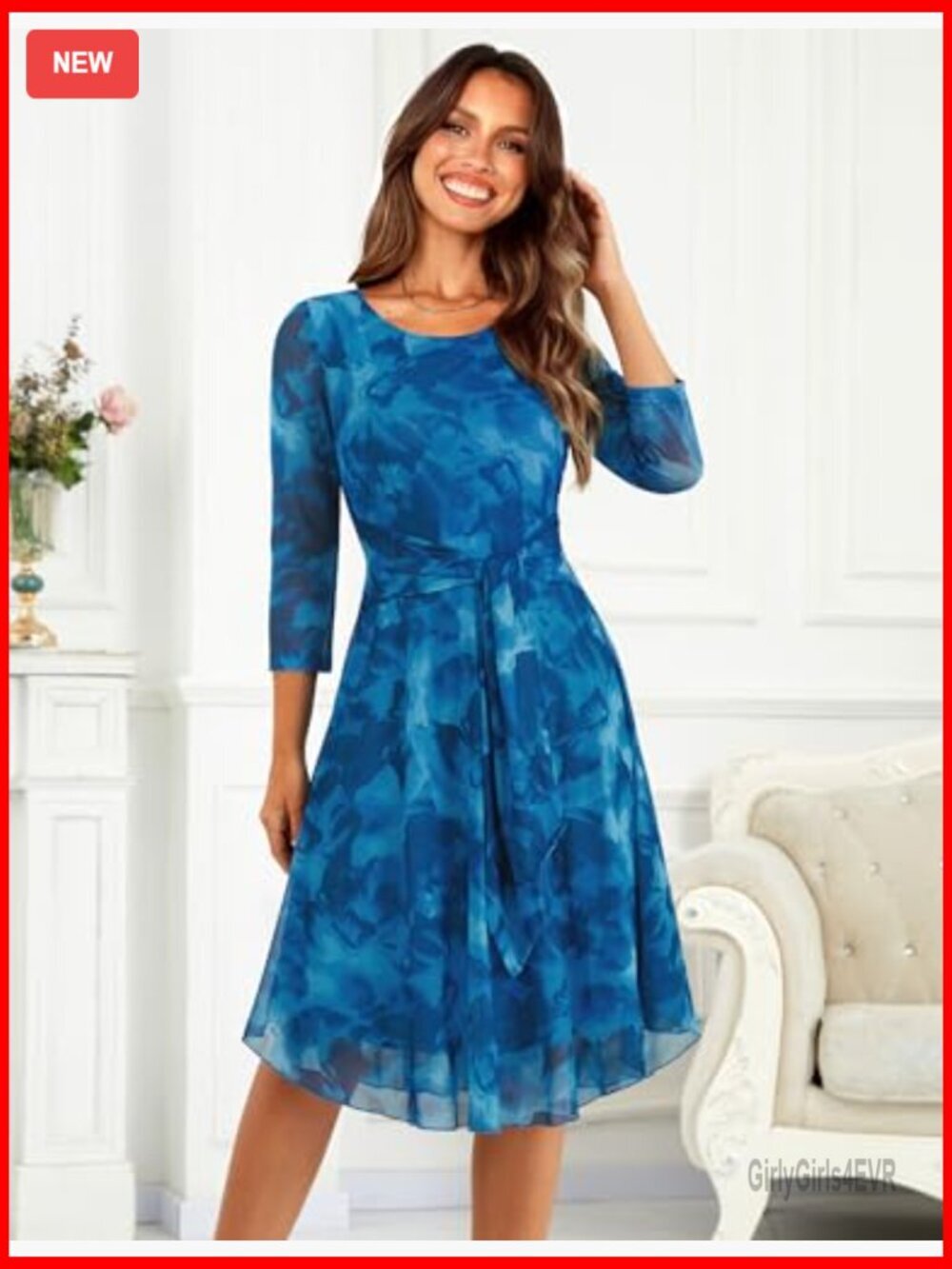 Elegant 3/4 Sleeve Floral Midi Dress with Belt - Women's Cocktail & Wedding - Picture 2 of 7